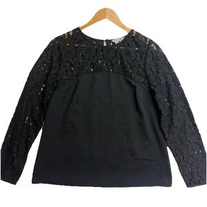 Boden‎ Black Lace Panel Blouse Women 10 Long Sleeve Keyhole Back Dressy Top